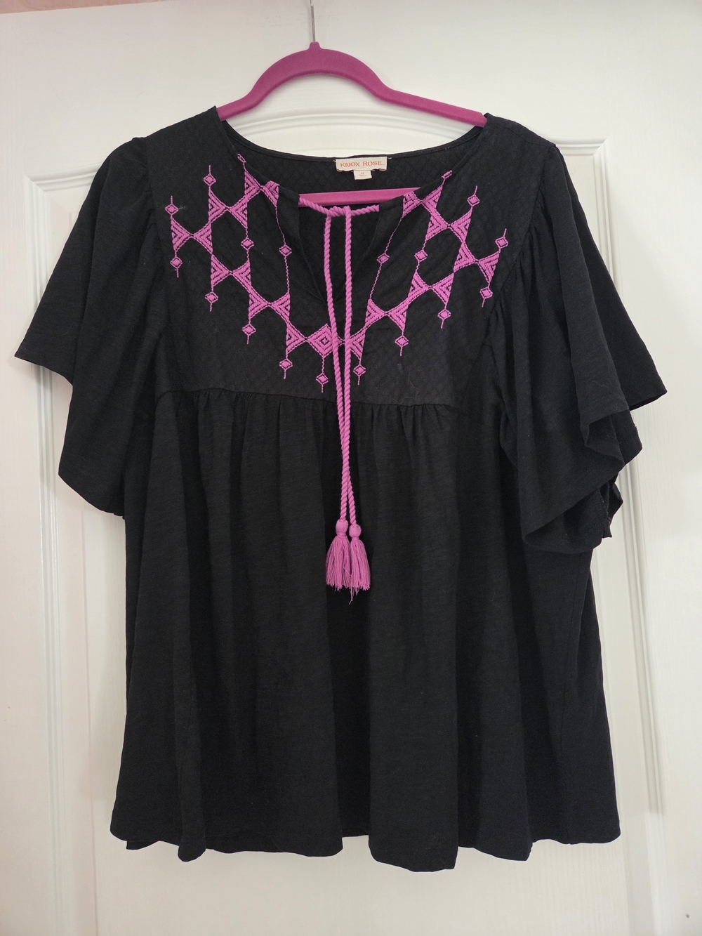 Knox Rose Black Tunic with Bright Pink Embroidered Yoke and Tassels
